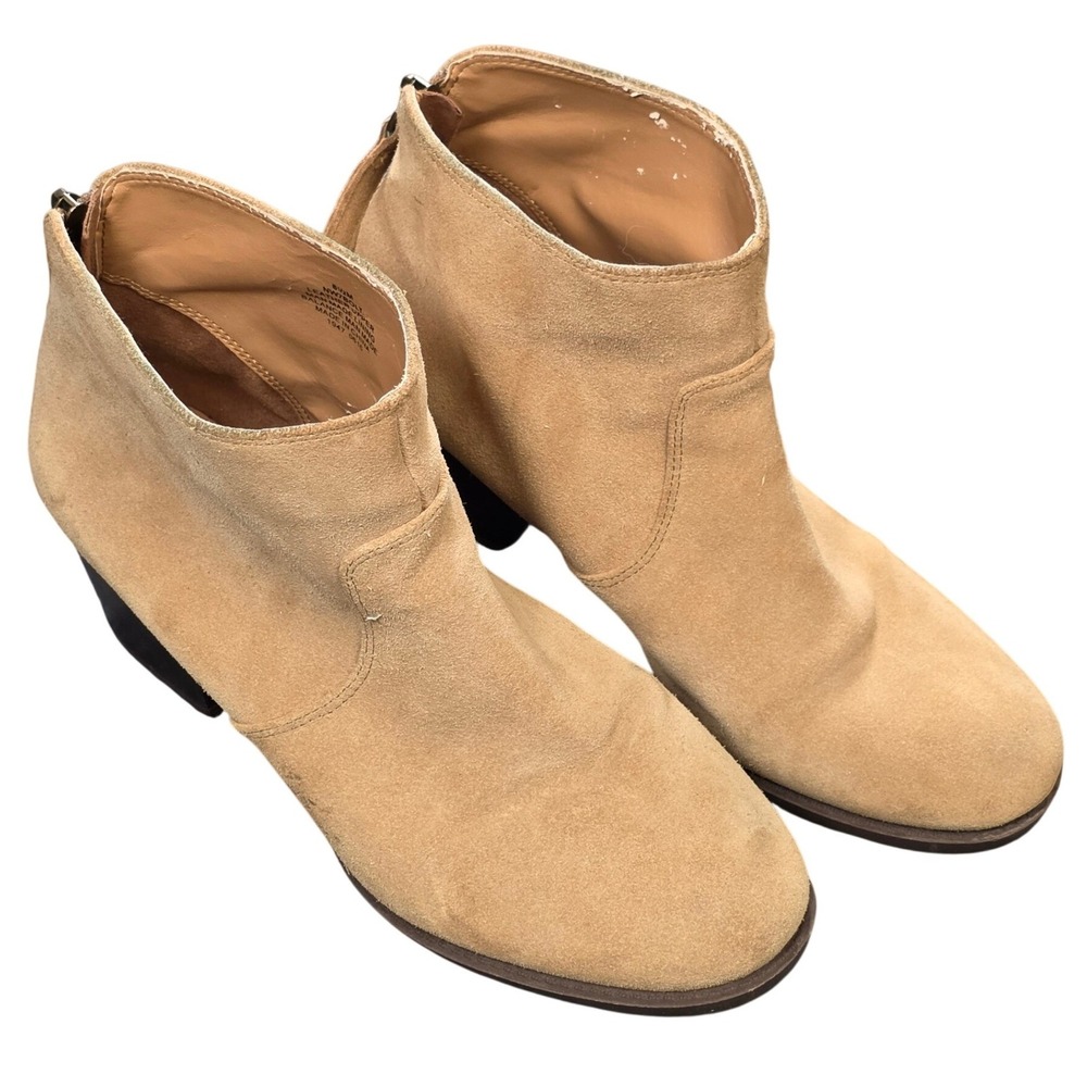 Nine West Suede Ankle Bolt Booties Women's Size 8.5M Tan Block Heel Back Zip